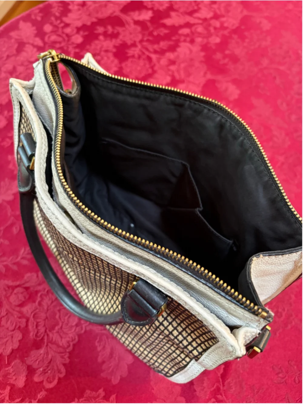 Fossil Beige and Black Perforated Leather Satchel Bag